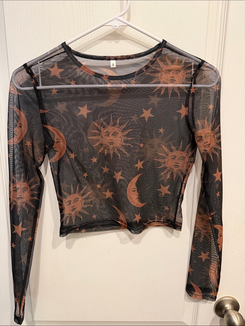 Douhoow Celestial Sun Moon Stars Sheer Mesh Crop Top Small Y2K Goth